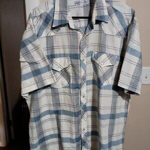 Diamond A RanchWear Mens Short Sleeve Pearl Snap Button Shirt Size XL Blue White